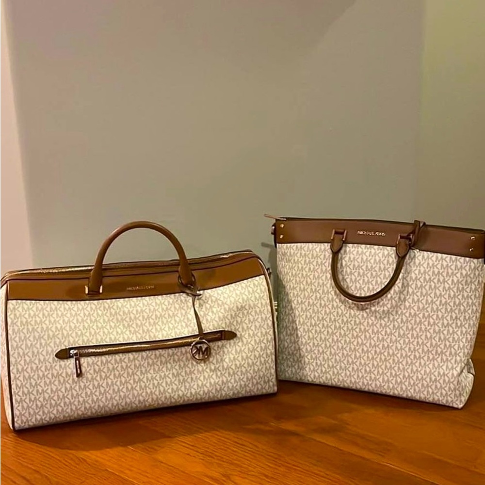 Tan/Cream Michael Kors Purse and Duffle Set.
